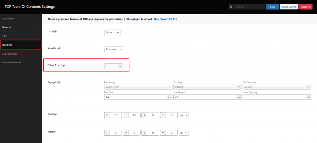 Toc Settings WP Messiah