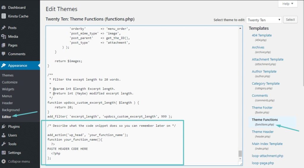Insert The Code To Headers And Footers Using Theme Editor